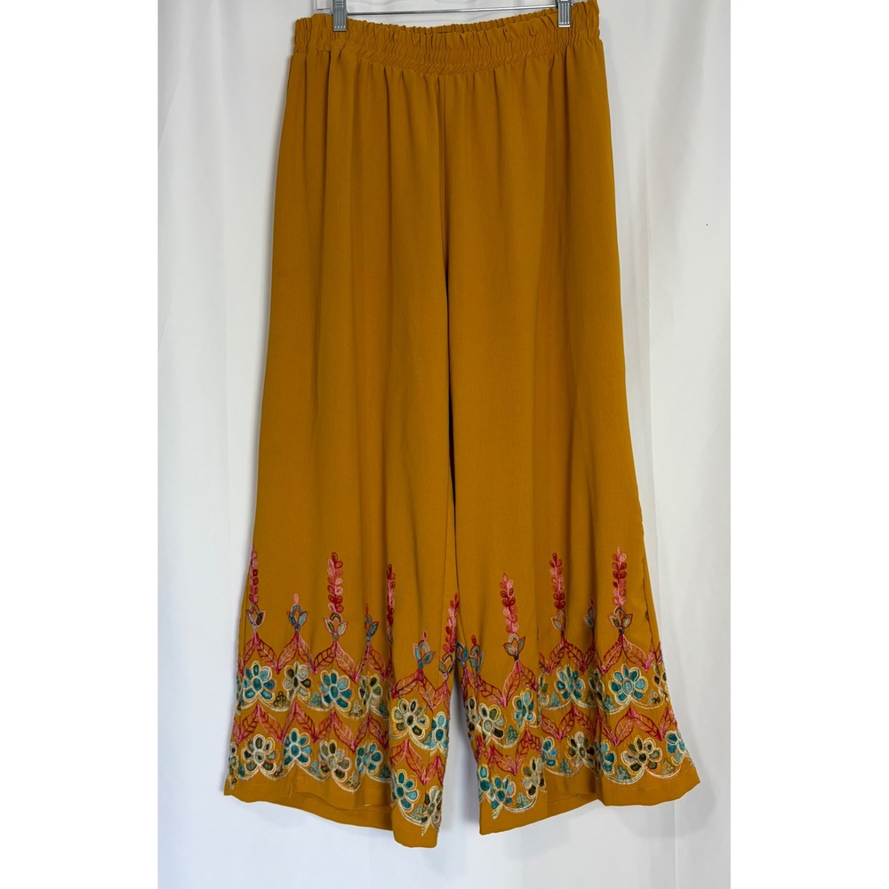 Mustard Yellow Embroidered Wide Leg Boho Pants XL Travel Flowy